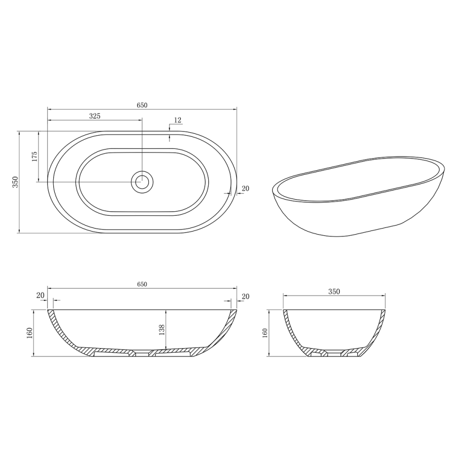 Azario раковина из искусственного камня 650x350x160 AZ-1132S