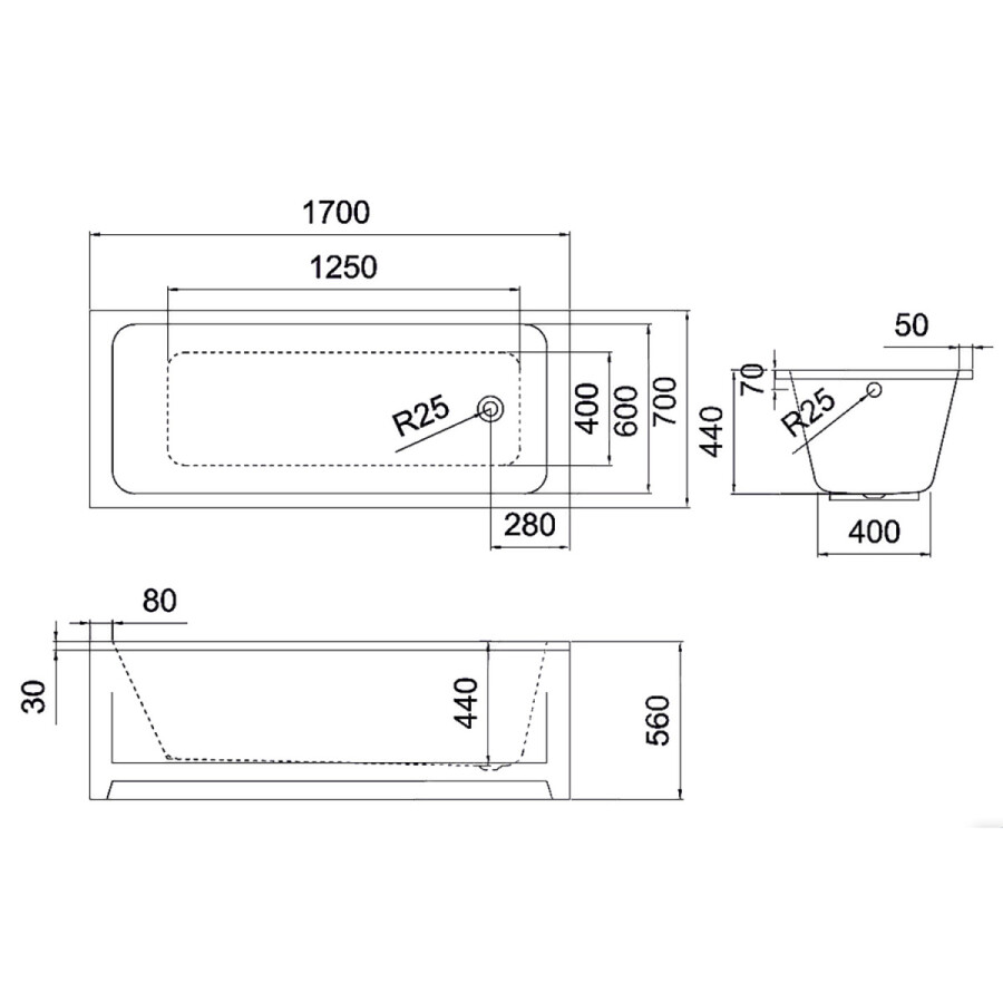 Ванна акриловая Azario Claris AZ1004 170х70 пристенная, прямоугольная, в комплекте с сифоном