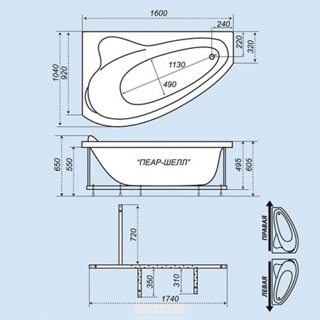 Triton Пеарл-Шелл 160*104 ванна акриловая асимметричная R