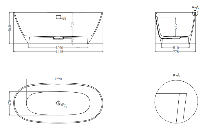 Umy Home UMY NOA KIT U-Solid ванна овальная с переливом 162х77