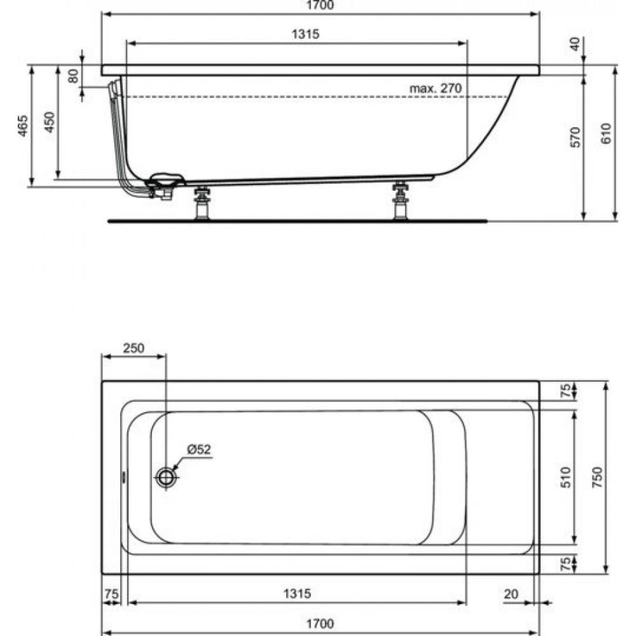 Ideal Standard Connect Air ванна акриловая прямоугольная 170х75 E106401