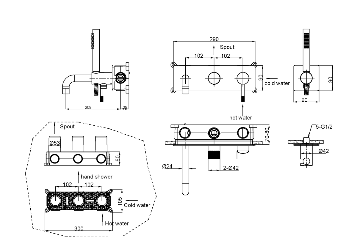 Смеситель для ванны встраиваемый Boheme Uno Черный матовый 464-3-B