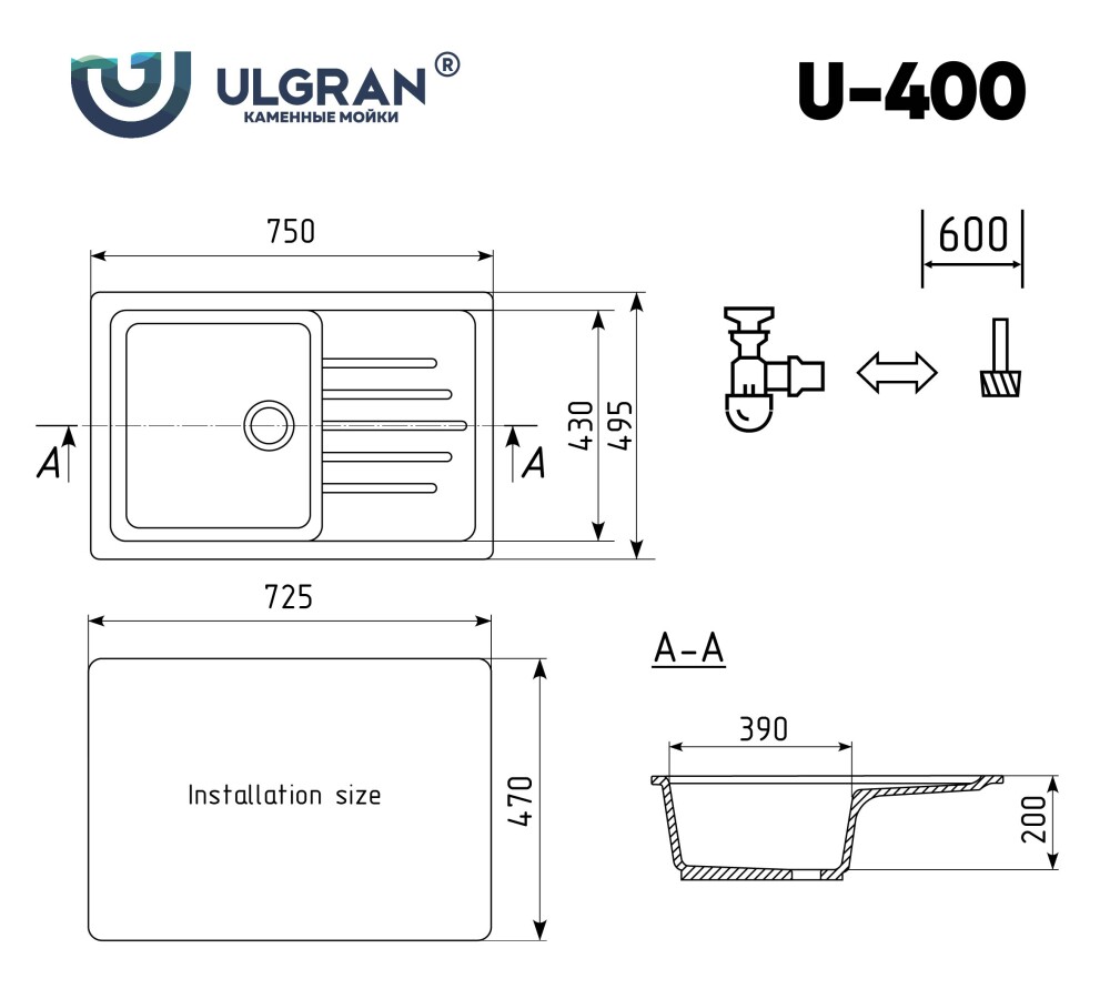 Мойка кухонная Ulgran U-400-344 ультра-черный