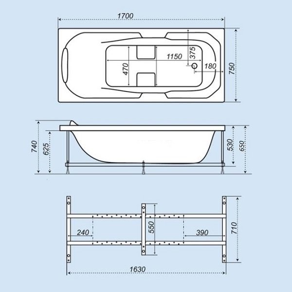 Triton Валенсия 170х75 см ванна акриловая гидроаэромассажная с фронтальной панелью сифоном и каркасом