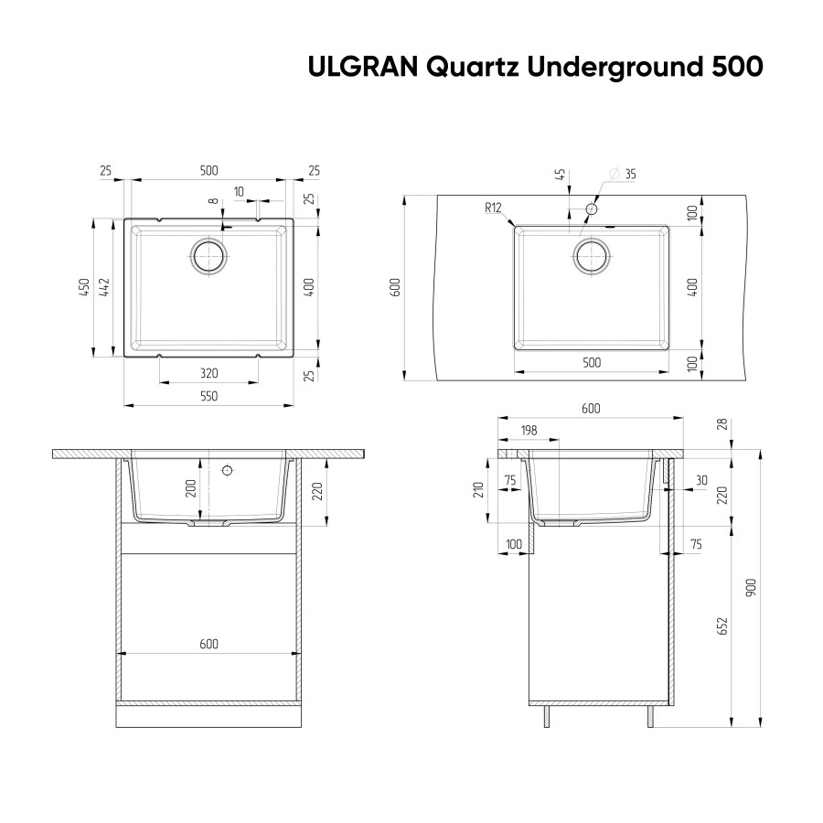 Мойка кухонная Ulgran Quartz Underground платина Under 500-04