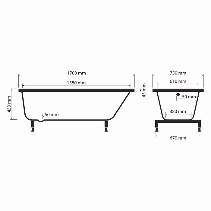 Эпсилон Solewater 170х75 см Каменная ванна прямоугольная, на ножках УТ000098552