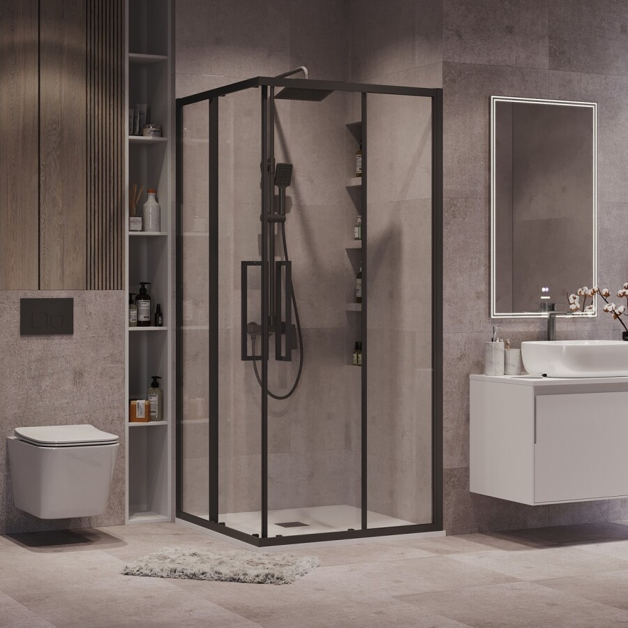 Душевое ограждение Grossman Cosmo 300.K33.02.8080.21.00 (80х80х195) квадрат,раздвижная,черный матовый,стекло прозрачное, 1 место