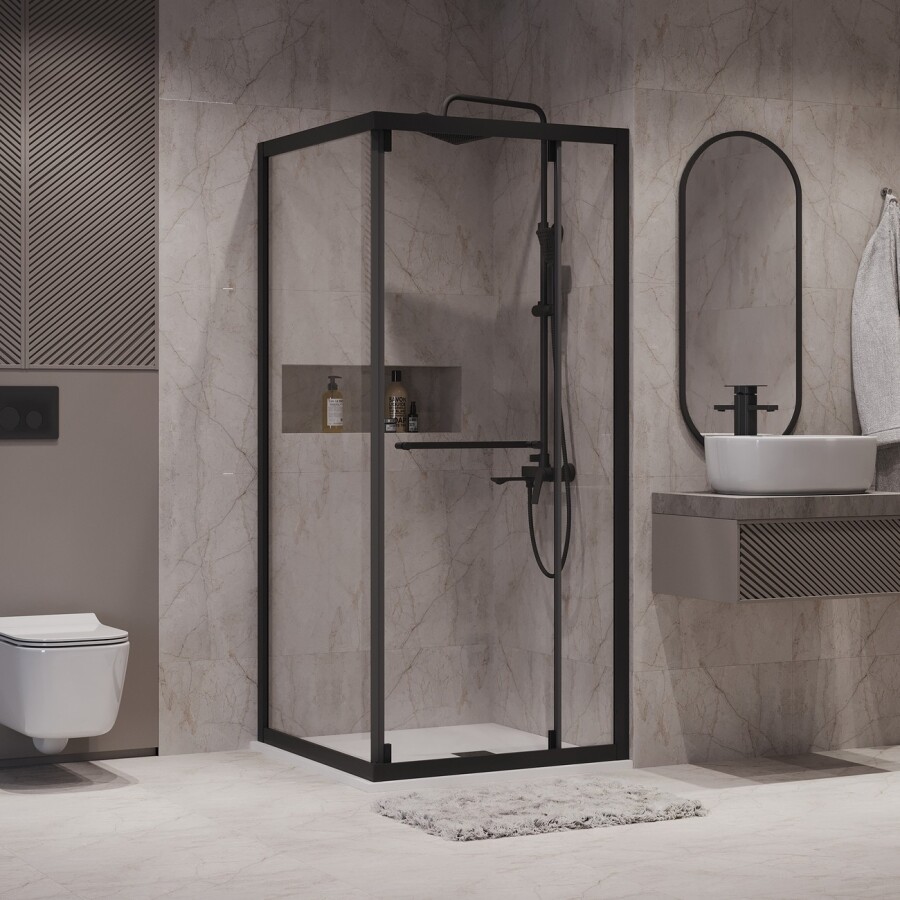 Душевое ограждение Niagara Nova NG-6835-34ВLACK (100х100х195) квадрат,черный матовый,двери раздвижные,стекло прозрачное,1 место