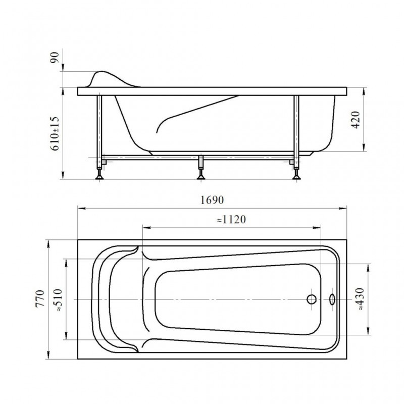 Wachter Роза 170x77 см ванна акриловая прямоугольная с гидромассажем и фронтальной панелью хром