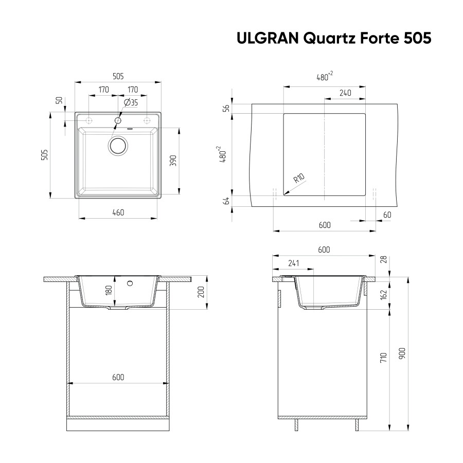 Мойка кухонная Ulgran Quartz Forte 505-09 асфальт