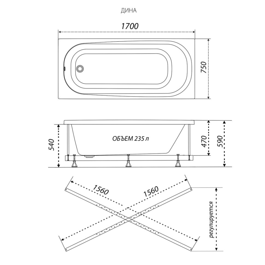 Triton Дина ванна акриловая прямоугольная 170х75