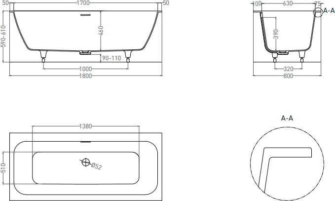 Salini Orlanda Axis Kit S-Sense ванна прямоугольная 180х80 103312G