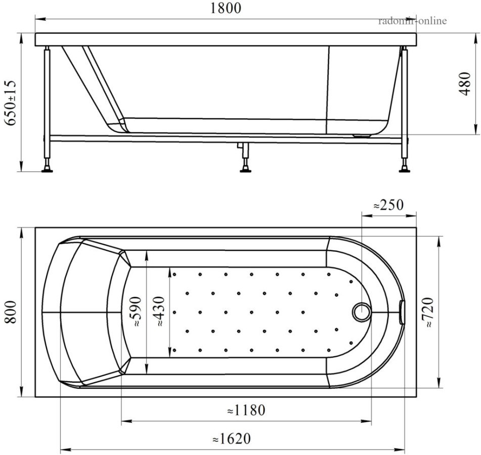 Wachter Николь 180x80 см ванна акриловая прямоугольная с гидромассажем и фронтальной панелью белая