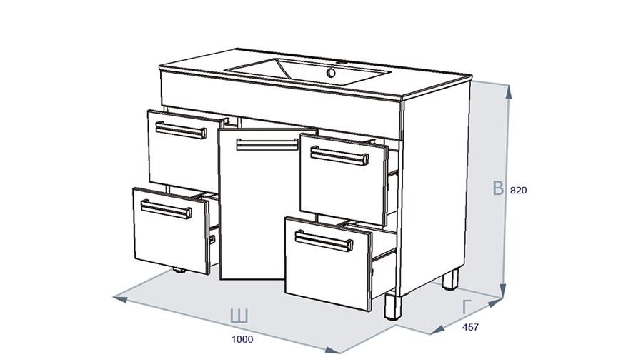 Triton Ника 100 тумба с умывальником напольная 4 ящика 1 дверь белая