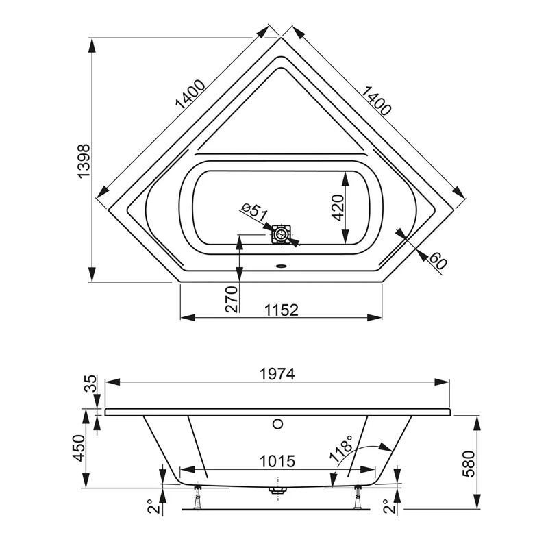 Ванна акриловая Vagnerplast Cavallo угловая 140x140 белая VPBA140CAV3X-04