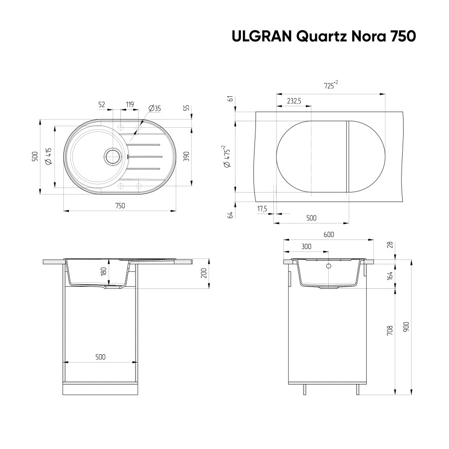 Мойка кухонная Ulgran Quartz Nora 750-08 космос