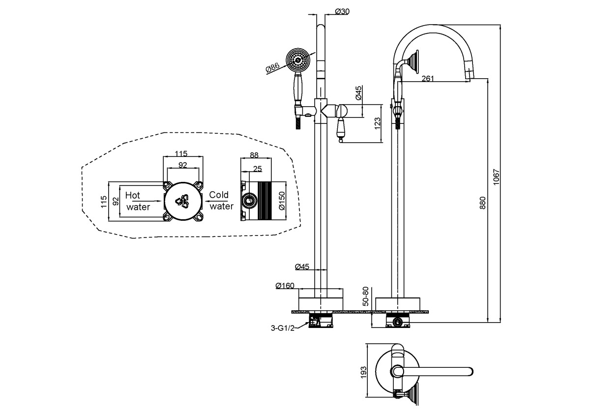 Смеситель для ванны напольный Boheme Medici смесители Бронза Белая керамика 309