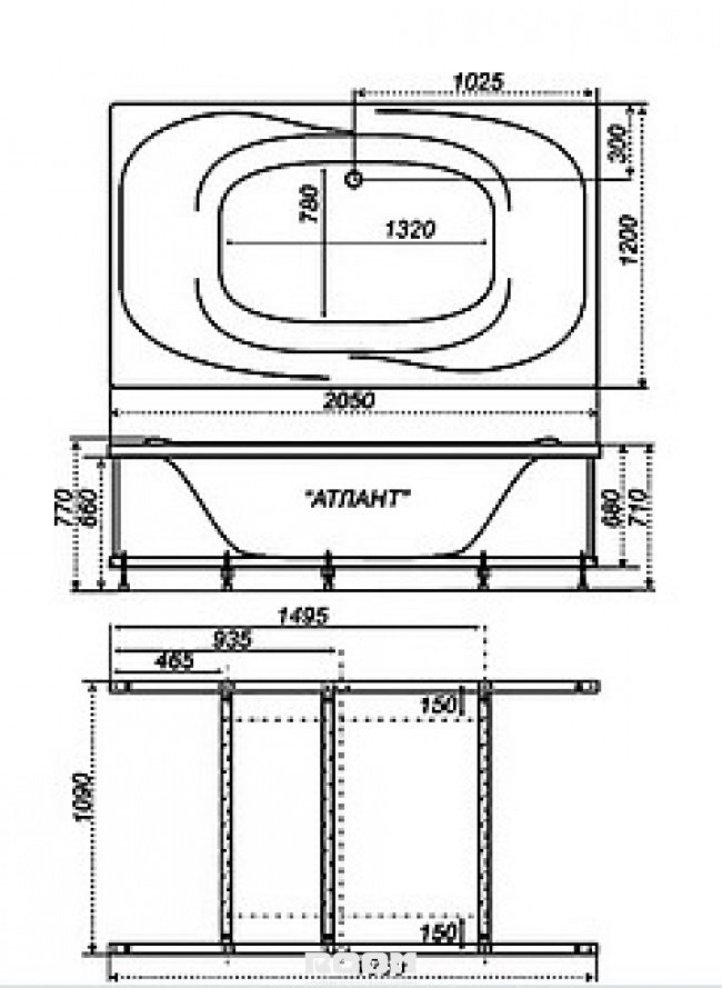 Triton Атлант 205х120 см ванна акриловая гидроаэромассажная с фронтальной панелью сифоном и каркасом