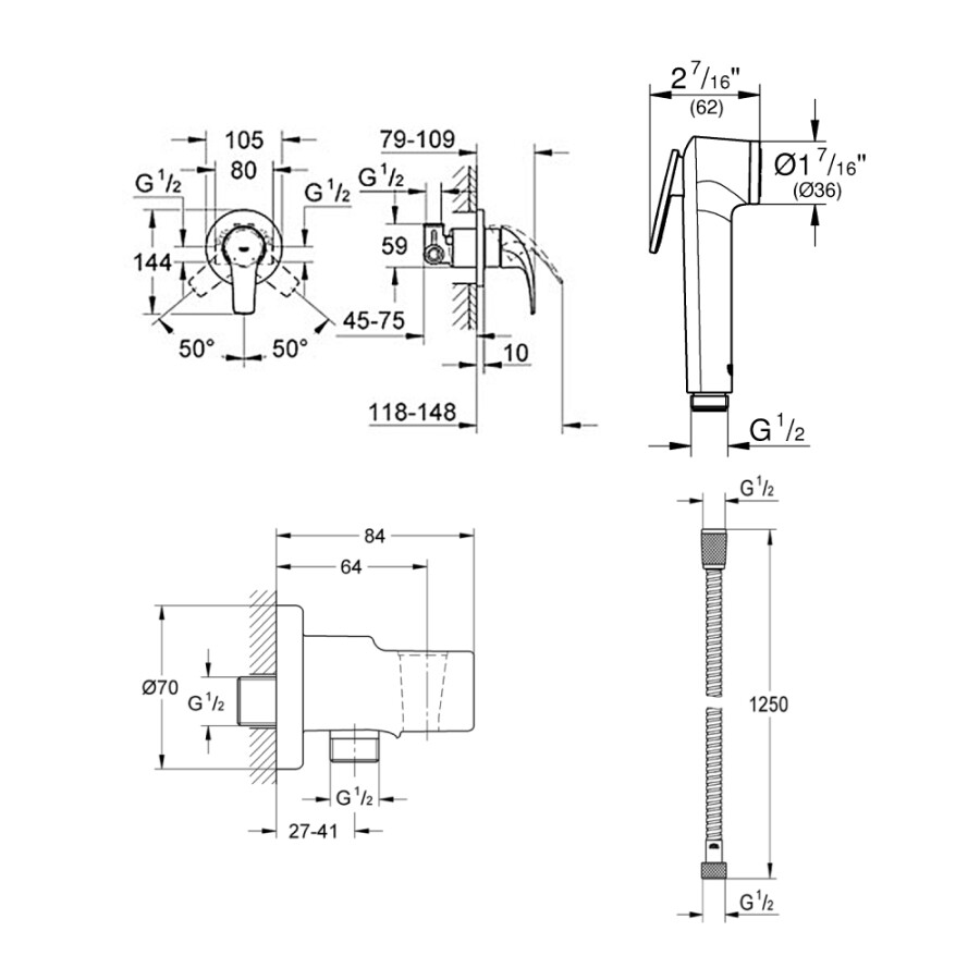 Набор для гигиенического душа, GROHE BauCurve, хром 129185