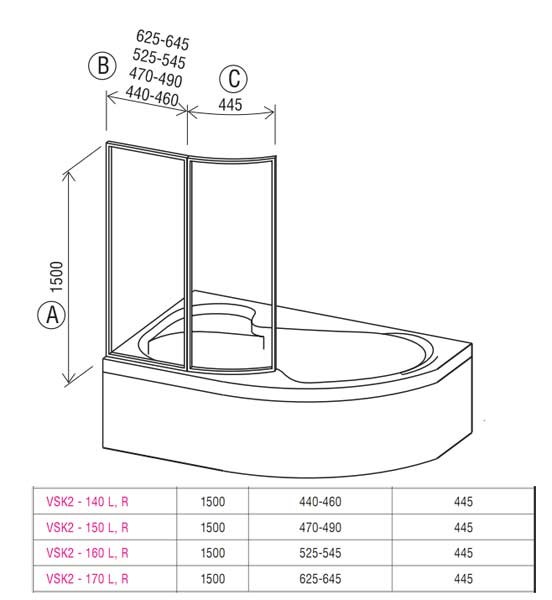 Ravak Supernova VSK2 Rosa 170 76LB010041 108*150 L шторка на ванну