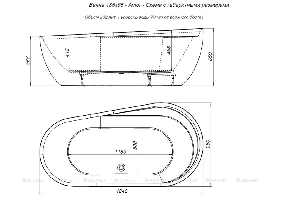 Aquanet Amor ванна акриловая овальная 185x95 см 00301379