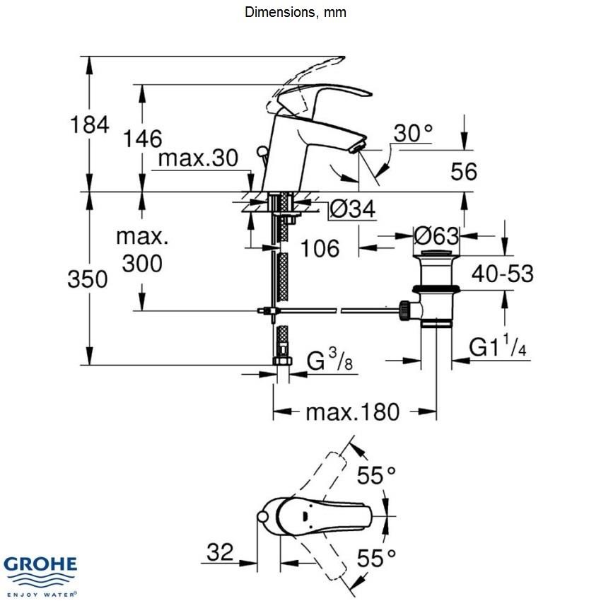 Grohe Eurosmart 33265002 смеситель для умывальника 35 мм