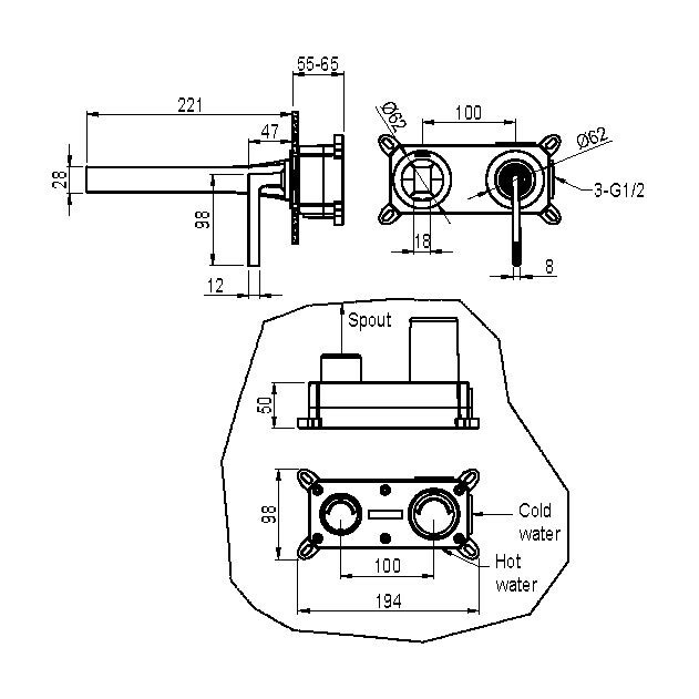 Смеситель для раковины из стены 2х-позиционный Boheme Duo Gun Metall 165-GM