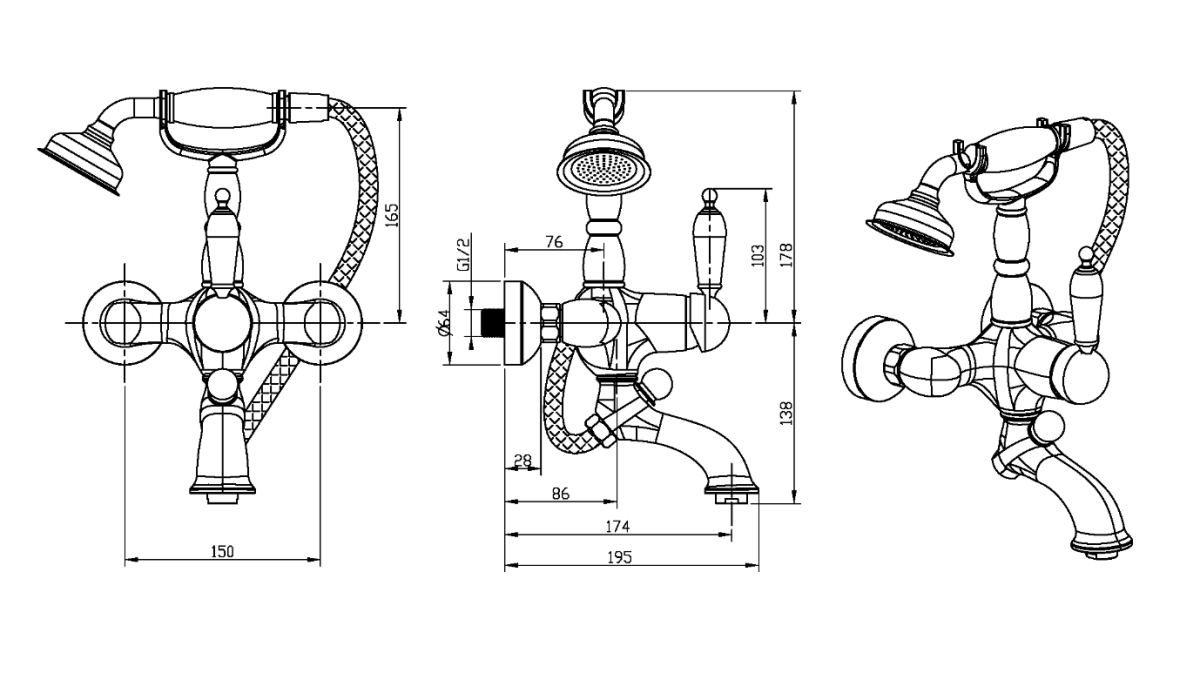 Смеситель для ванны с душевым комплектом Boheme Tradizionale Oro Золото 283