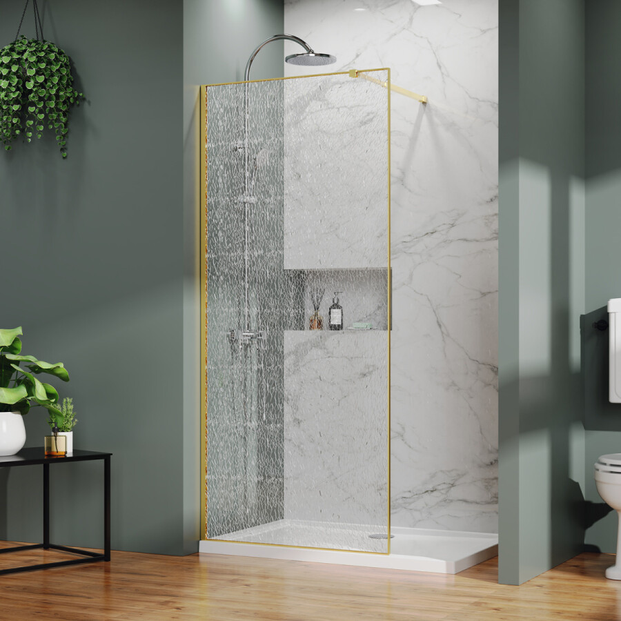 Душевая перегородка Azario Walk-in 900x2000 в рамке, "Битое стекло", толщина стекла 13 мм, профиль брашированное золото AZ-275-90-BGL-CBR