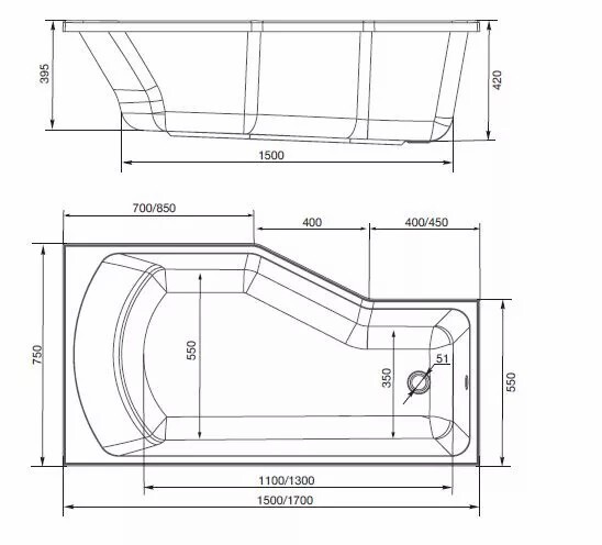 Marka One Convey 150x75 ванна правосторонняя, асимметричная 01кон1575п