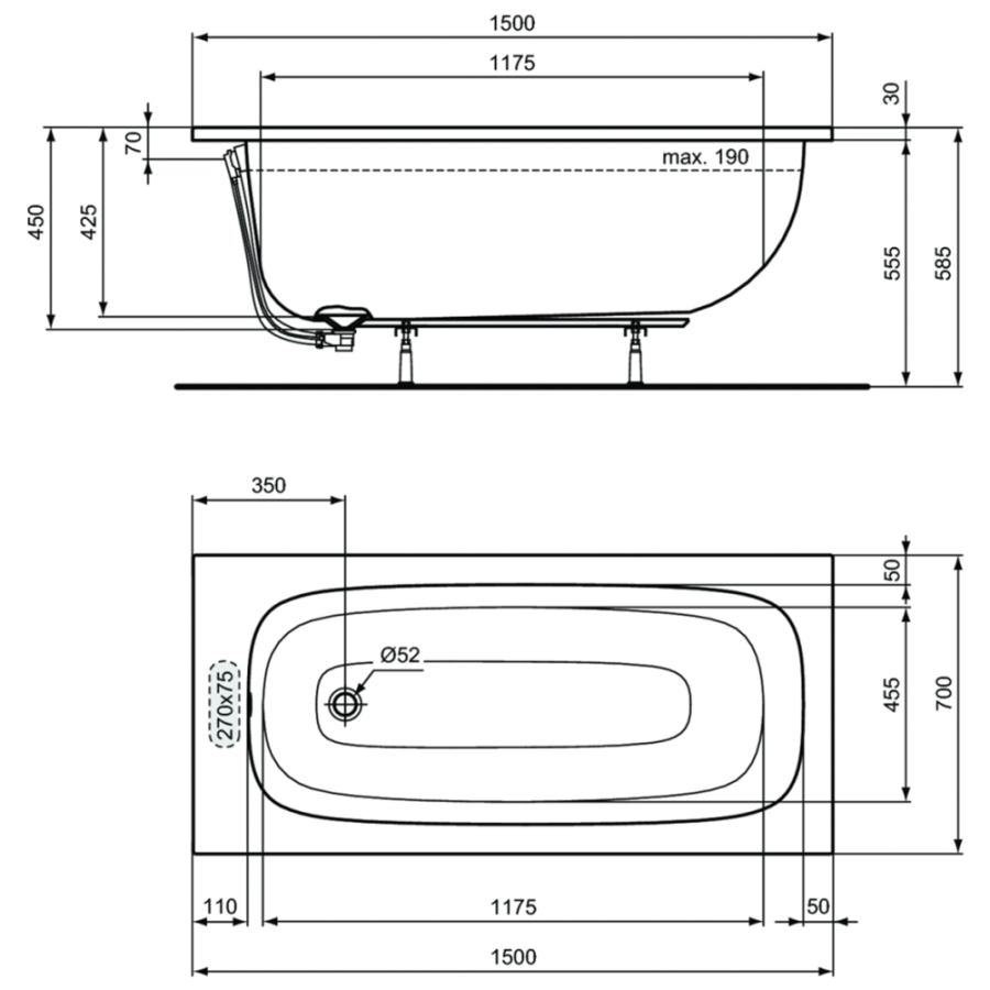 Ideal Standard i.life ванна акриловая прямоугольная 150х70 T475701