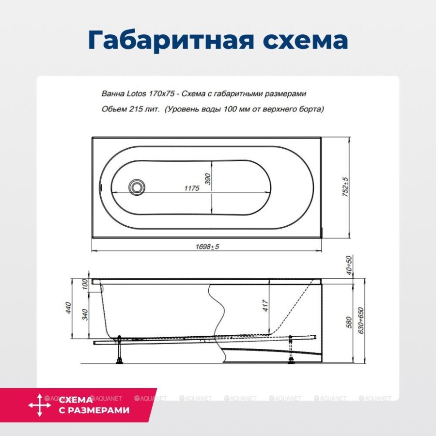 Акриловая ванна Aquanet Lotos 170x75 (с каркасом) 00311882