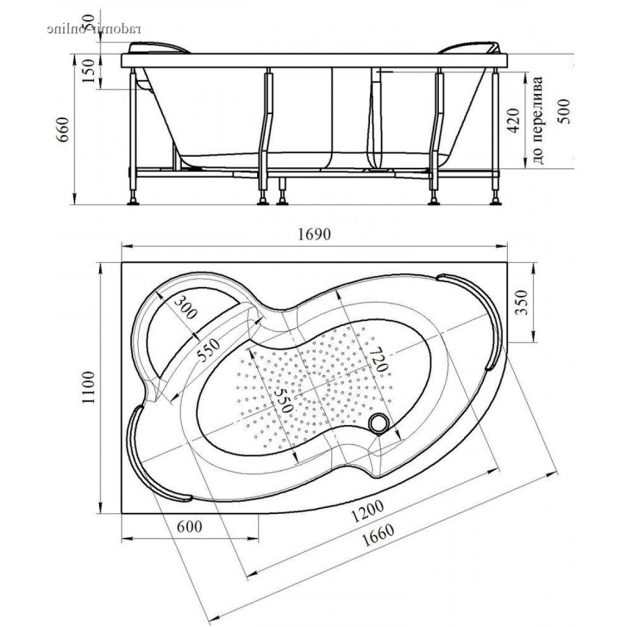 Radomir Ирма 169 110 ванна акриловая с каркасом правая
