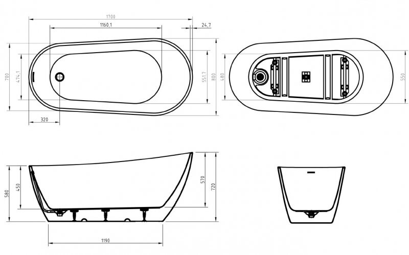 BelBagno BB704-1700-800-K Акриловая ванна отдельностоящая, полукруглая