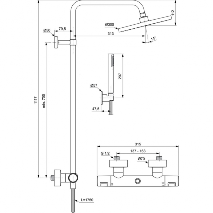 Ideal Standard душевая система с термостатическим смесителем BC748XG