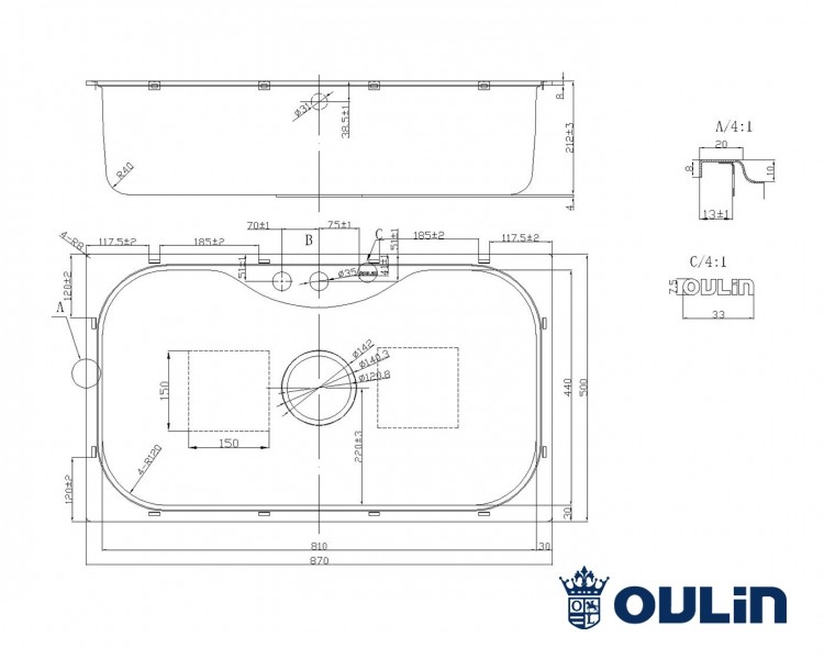 Oulin OL-330 кухонная мойка satin система POP-UP 87x50 см