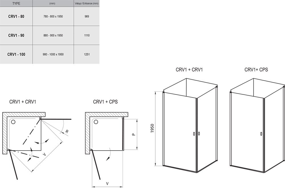 Ravak Chrome CRV1+CRV1 душевое ограждение 80*80*195 A