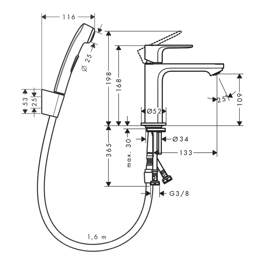 Hansgrohe Rebris S Смеситель для раковины 110 с гигиеническим душем и шлангом 160 см хром 72215000