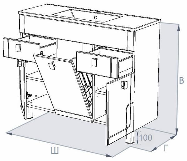 Triton Диана 100 тумба белая с умывальником 3 двери 2 ящика и корзина