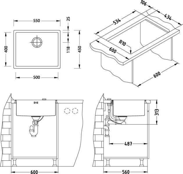 Мойка Alveus Quadrix 50 FS 1102606 нержавеющая сталь satin 50x45 см