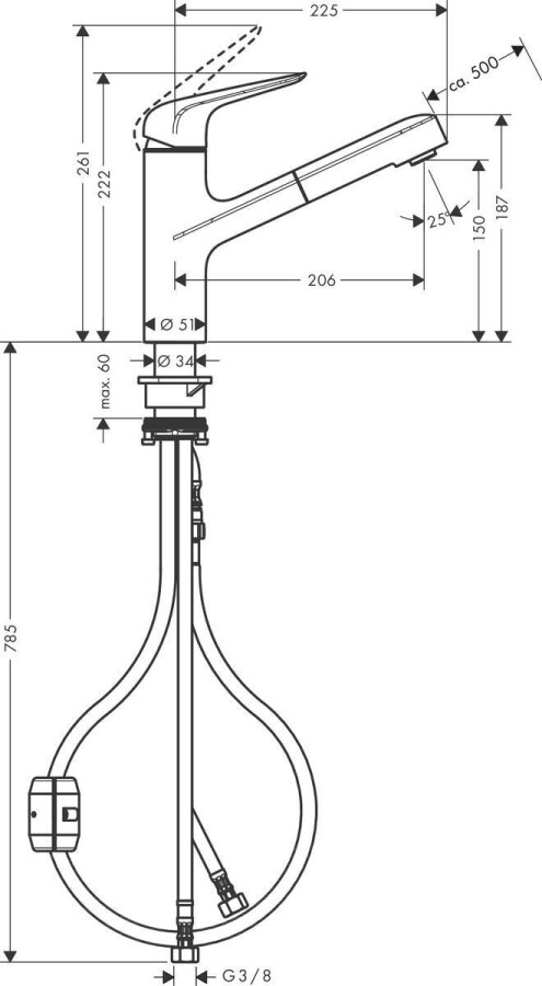 Hansgrohe Focus M42 Кухонный смеситель 150 с вытяжным изливом 1jet хром 71814000