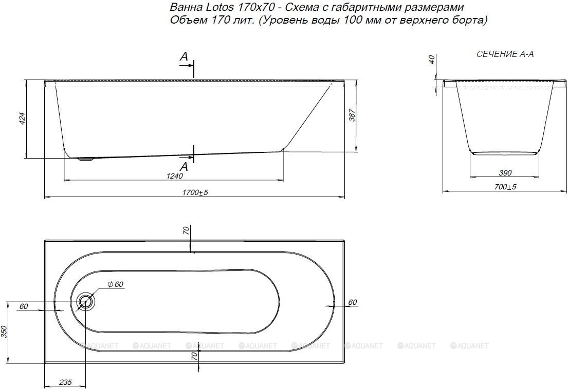 Акриловая ванна Aquanet Lotos 170x70 (с каркасом) 00334159