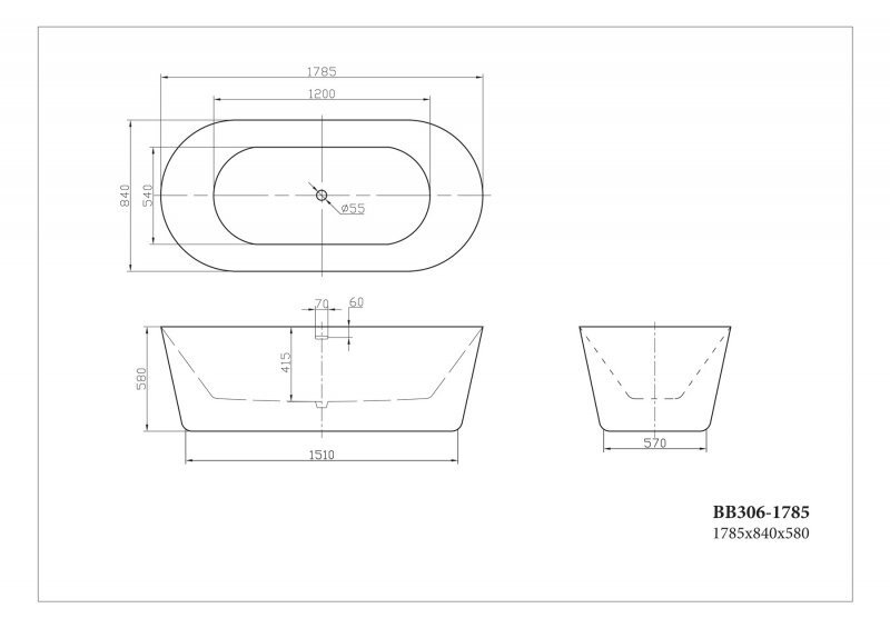 BelBagno ванна отдельностоящая овальная 177х80 BB306-1775