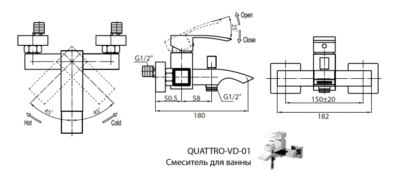 Cezares Quattro смеситель для ванны и душа хром QUATTRO-C-VD-01