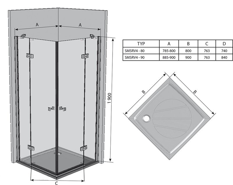 Ravak SmartLine SMSRV4-80 душевое ограждение 80*80*190 1SV44A00Z1