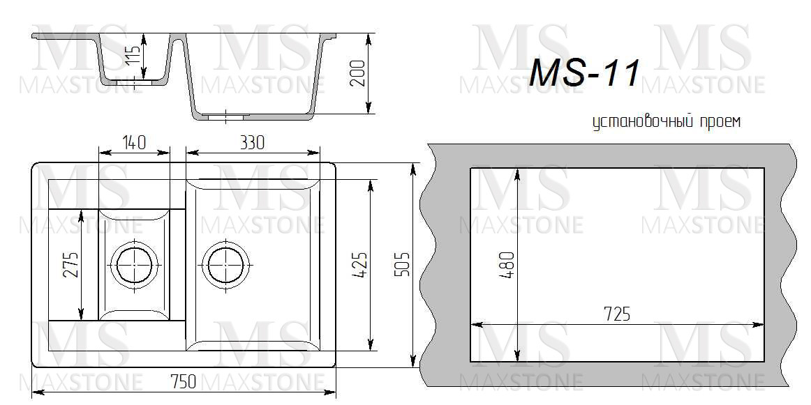 Maxstone MS 11 Мойка для кухни черный 75х50,5 см