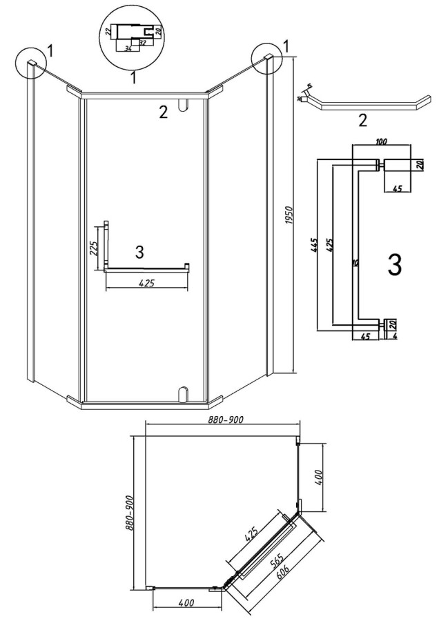 Душевое ограждение Grossman Pragma 302.K33.03.9090.21.00 (90х90х195) трапеция,распашная,черный матовый,стекло прозрачное, 1 место