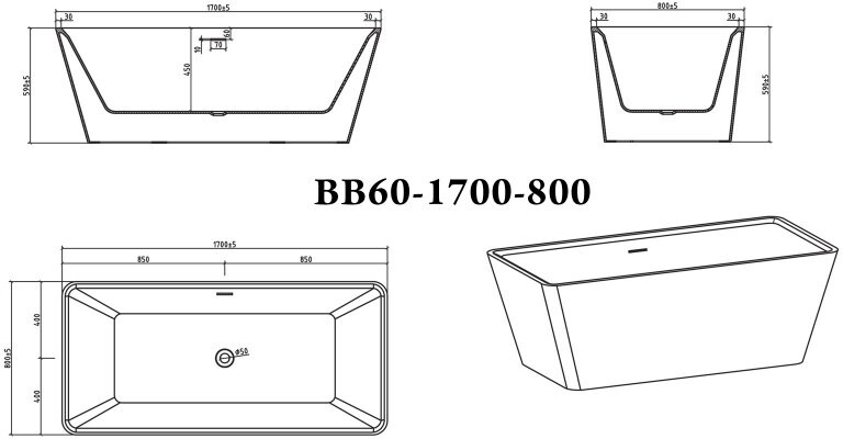 BelBagno BB60-1700 170*80 ванна акриловая прямоугольная
