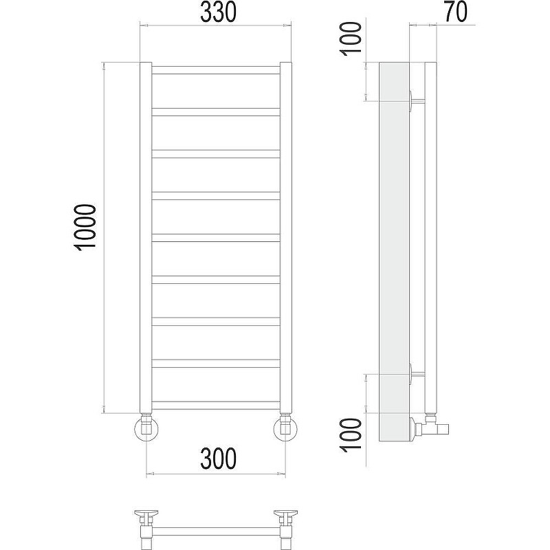 Водяной полотенцесушитель Terminus Контур П9 330/1000/300 Нижнее подключение Платина 4670078529664