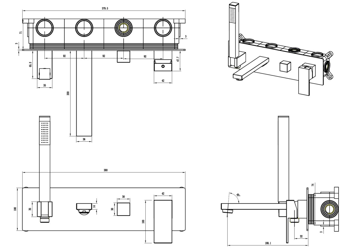 Смеситель для ванны с душевым гарнитуром Boheme Qubic Shine Gun Metal 474-2-SGM